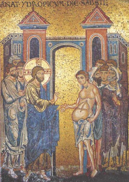 安息日に水腫の人を癒すキリスト（イタリア・モンレアーレ大聖堂モザイク画）