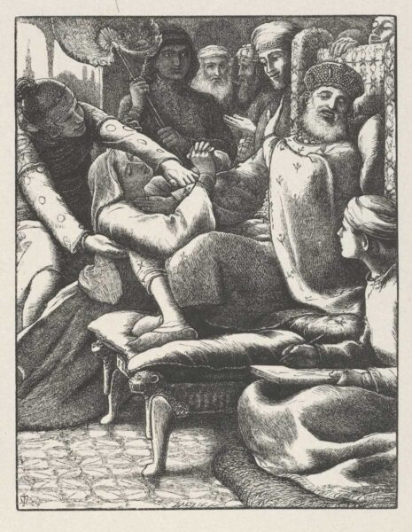 不当な裁判官としつこい未亡人（ジョン・エヴァレット・ミレー原画による木版画）