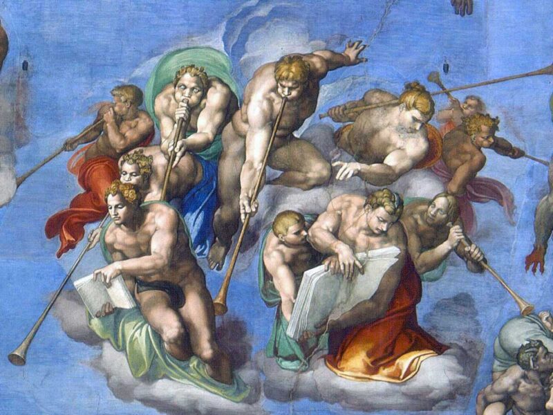 トランペットを吹く天使たち（ミケランジェロ・ブオナローティ画「最後の審判」より）