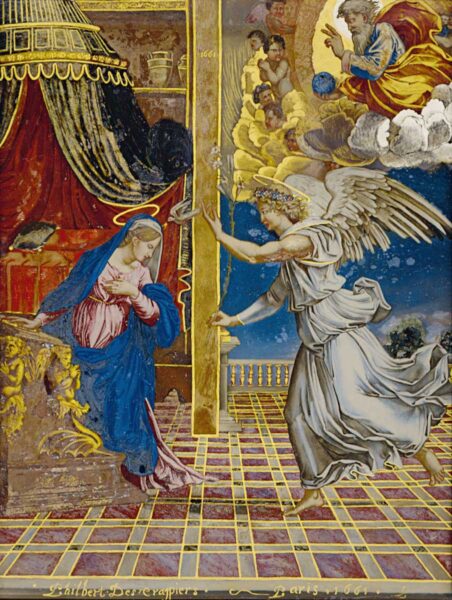 受胎告知（ラファエロのデッサンに基づき、マルコ・デンテが制作した版画を元に描かれた、ガラス絵）